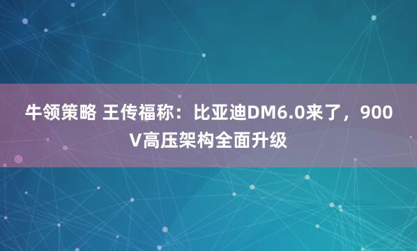 牛领策略 王传福称：比亚迪DM6.0来了，900V高压架构全面升级